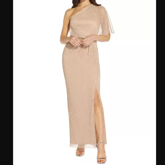 Adrianna Papell Metallic Crinkled Mesh One-Shoulder Gown – Taupe Mist - Picture 1 of 5